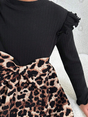 Young Girls Knit Round Neck Cap Sleeve Leopard Print Splice Dress