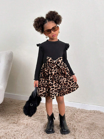 Young Girls Knit Round Neck Cap Sleeve Leopard Print Splice Dress