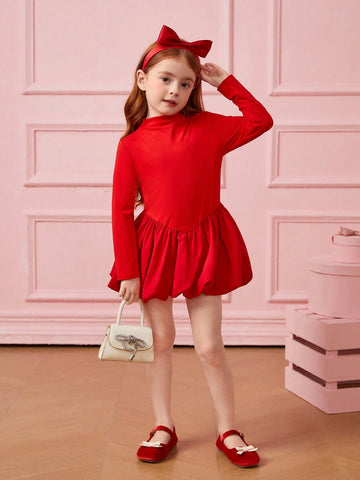 Young Girls Knit Roundneck Patchwork Woven Lantern Hemline Bodycon Dress, Elegant Long Sleeve Cake Dress