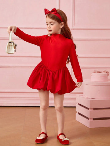 Young Girls Knit Roundneck Patchwork Woven Lantern Hemline Bodycon Dress, Elegant Long Sleeve Cake Dress