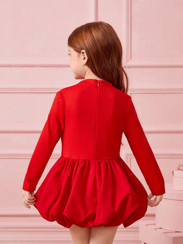 Young Girls Knit Roundneck Patchwork Woven Lantern Hemline Bodycon Dress, Elegant Long Sleeve Cake Dress