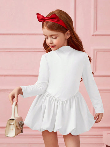Young Girls Knit Roundneck Patchwork Woven Lantern Hemline Dress, Elegant Long Sleeve Cake Dress