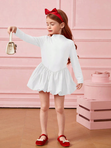 Young Girls Knit Roundneck Patchwork Woven Lantern Hemline Dress, Elegant Long Sleeve Cake Dress