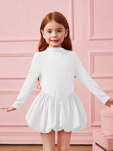Young Girls Knit Roundneck Patchwork Woven Lantern Hemline Dress, Elegant Long Sleeve Cake Dress
