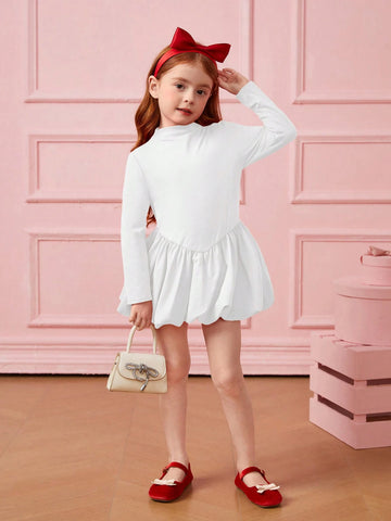 Young Girls Knit Roundneck Patchwork Woven Lantern Hemline Dress, Elegant Long Sleeve Cake Dress