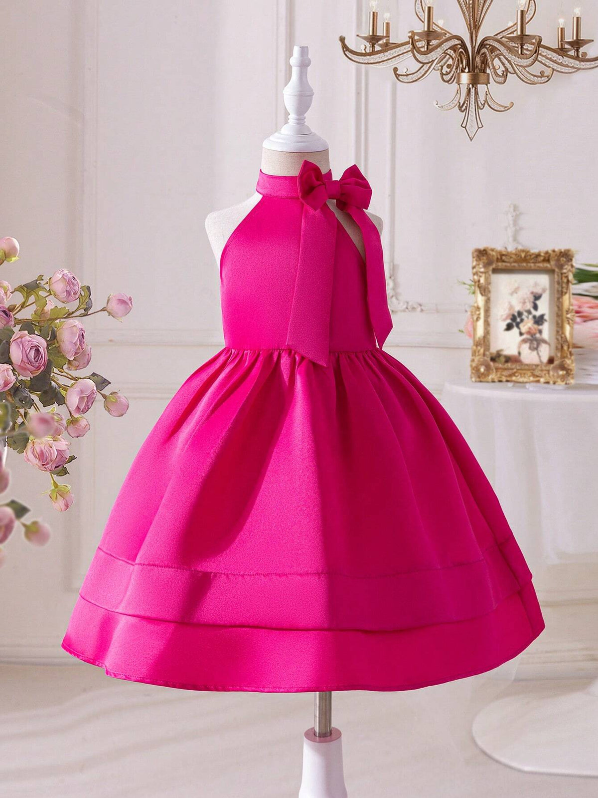 Young Girls Knit Solid Color Sleeveless Casual Dress With Small Stand Collar And Bow Tie