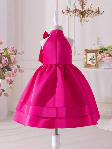 Young Girls Knit Solid Color Sleeveless Casual Dress With Small Stand Collar And Bow Tie