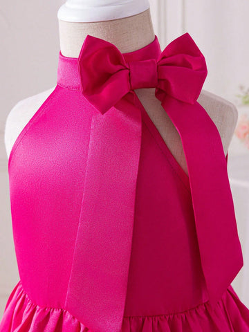 Young Girls Knit Solid Color Sleeveless Casual Dress With Small Stand Collar And Bow Tie