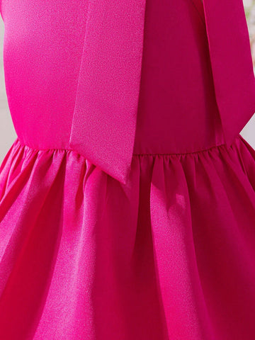 Young Girls Knit Solid Color Sleeveless Casual Dress With Small Stand Collar And Bow Tie