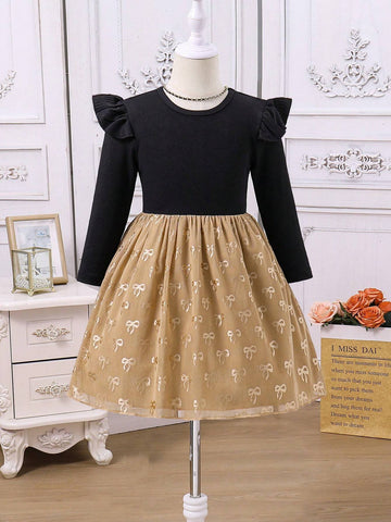 Young Girls' Knitted Cap Sleeve Dress With Mesh Tutu Skirt And Bow Accent, For Wedding/Flower Girl