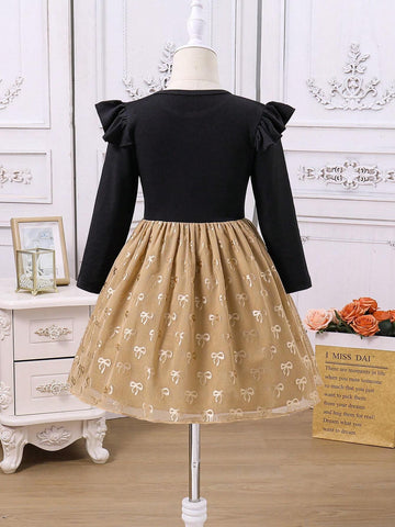 Young Girls' Knitted Cap Sleeve Dress With Mesh Tutu Skirt And Bow Accent, For Wedding/Flower Girl