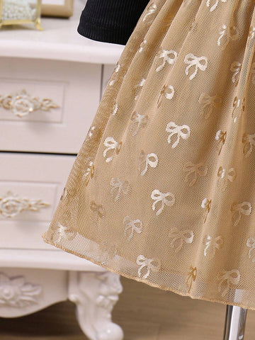 Young Girls' Knitted Cap Sleeve Dress With Mesh Tutu Skirt And Bow Accent, For Wedding/Flower Girl