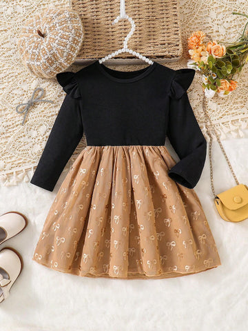 Young Girls' Knitted Cap Sleeve Dress With Mesh Tutu Skirt And Bow Accent, For Wedding/Flower Girl