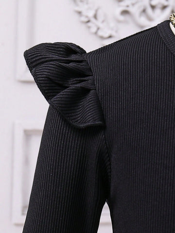 Young Girls' Knitted Cap Sleeve Dress With Mesh Tutu Skirt And Bow Accent, For Wedding/Flower Girl