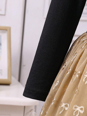 Young Girls' Knitted Cap Sleeve Dress With Mesh Tutu Skirt And Bow Accent, For Wedding/Flower Girl