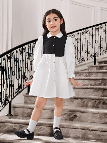 Young Girl's Knitted Color-Block Collared Fitted Casual 2 In 1 Dress