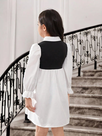 Young Girl's Knitted Color-Block Collared Fitted Casual 2 In 1 Dress