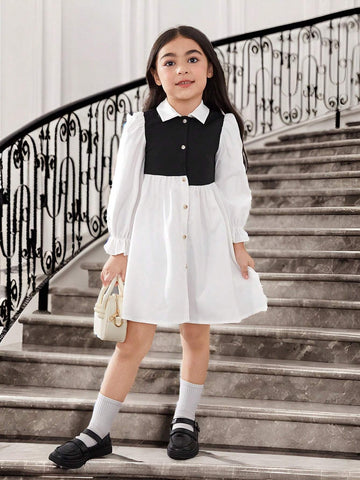 Young Girl's Knitted Color-Block Collared Fitted Casual 2 In 1 Dress