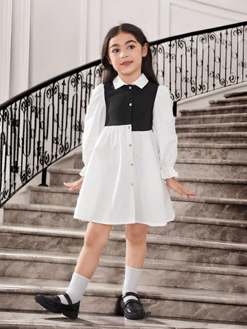 Young Girl's Knitted Color-Block Collared Fitted Casual 2 In 1 Dress