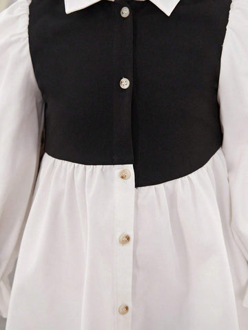 Young Girl's Knitted Color-Block Collared Fitted Casual 2 In 1 Dress