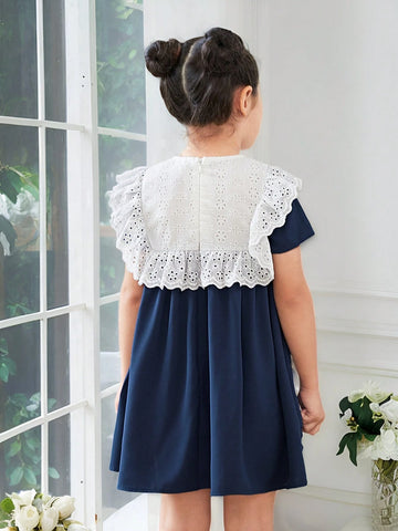 Young Girl's Knitted Color Block Casual Dress With Bow And Ruffle Trimmed Round Neckline