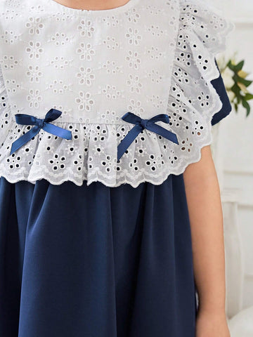 Young Girl's Knitted Color Block Casual Dress With Bow And Ruffle Trimmed Round Neckline