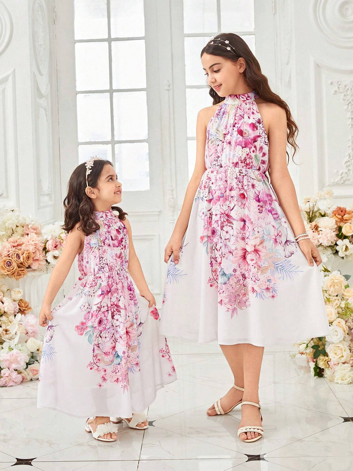 Young Girl's Knitted Ditsy Floral Sleeveless Sweater Dress