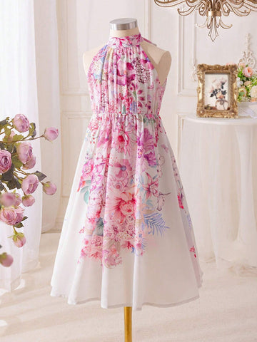 Young Girl's Knitted Ditsy Floral Sleeveless Sweater Dress