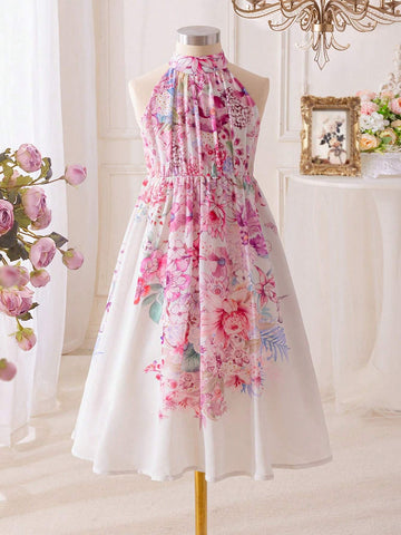 Young Girl's Knitted Ditsy Floral Sleeveless Sweater Dress