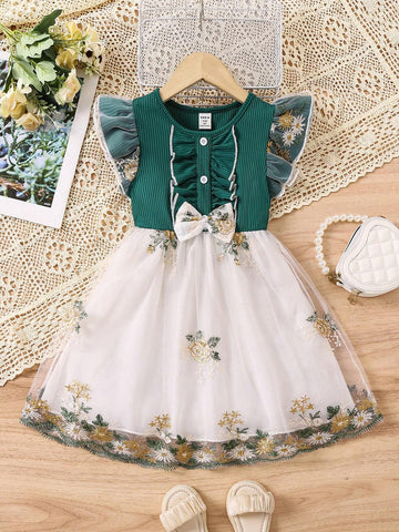 Young Girl's Knitted Dress With Ruffle Hem, Mesh, Floral Embroidery And Flounce Sleeve