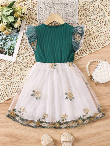 Young Girl's Knitted Dress With Ruffle Hem, Mesh, Floral Embroidery And Flounce Sleeve
