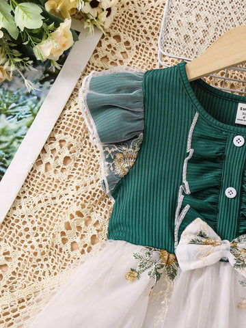 Young Girl's Knitted Dress With Ruffle Hem, Mesh, Floral Embroidery And Flounce Sleeve