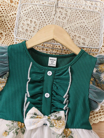 Young Girl's Knitted Dress With Ruffle Hem, Mesh, Floral Embroidery And Flounce Sleeve