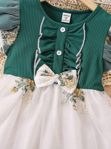 Young Girl's Knitted Dress With Ruffle Hem, Mesh, Floral Embroidery And Flounce Sleeve