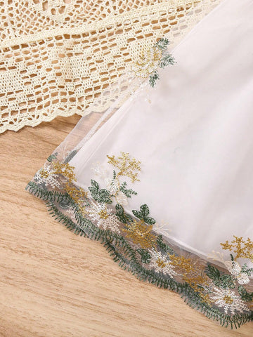 Young Girl's Knitted Dress With Ruffle Hem, Mesh, Floral Embroidery And Flounce Sleeve