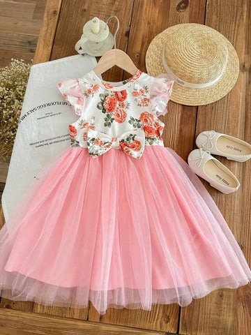 Young Girl's Knitted Floral Pattern Butterfly Bow Jointed Woven Mesh Spliced Dress