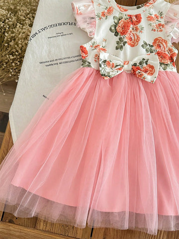 Young Girl's Knitted Floral Pattern Butterfly Bow Jointed Woven Mesh Spliced Dress