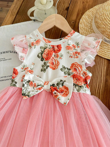 Young Girl's Knitted Floral Pattern Butterfly Bow Jointed Woven Mesh Spliced Dress