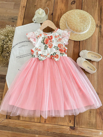 Young Girl's Knitted Floral Pattern Butterfly Bow Jointed Woven Mesh Spliced Dress