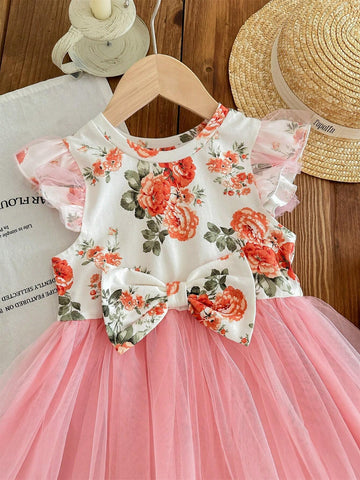 Young Girl's Knitted Floral Pattern Butterfly Bow Jointed Woven Mesh Spliced Dress