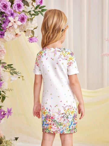 Young Girl's Knitted Floral Printed V-Neck Slim Fit Casual Dress