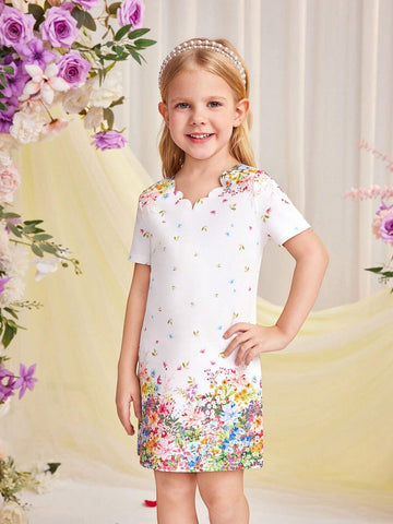 Young Girl's Knitted Floral Printed V-Neck Slim Fit Casual Dress
