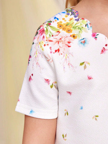 Young Girl's Knitted Floral Printed V-Neck Slim Fit Casual Dress
