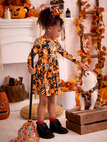 Young Girls Knitted Halloween Cat, Pumpkin, Ghost, Spider Web Pattern Round Neck Slim Fit Casual Dress
