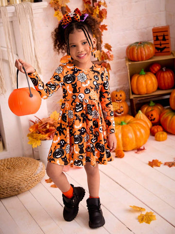 Young Girls Knitted Halloween Cat, Pumpkin, Ghost, Spider Web Pattern Round Neck Slim Fit Casual Dress