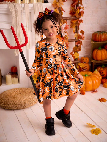 Young Girls Knitted Halloween Cat, Pumpkin, Ghost, Spider Web Pattern Round Neck Slim Fit Casual Dress