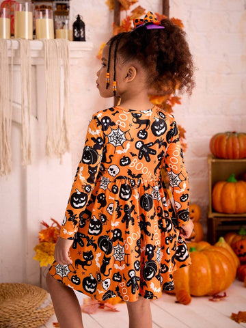 Young Girls Knitted Halloween Cat, Pumpkin, Ghost, Spider Web Pattern Round Neck Slim Fit Casual Dress