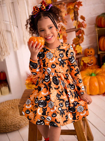 Young Girls Knitted Halloween Cat, Pumpkin, Ghost, Spider Web Pattern Round Neck Slim Fit Casual Dress