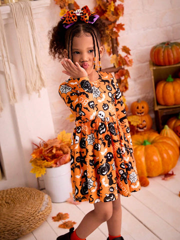 Young Girls Knitted Halloween Cat, Pumpkin, Ghost, Spider Web Pattern Round Neck Slim Fit Casual Dress