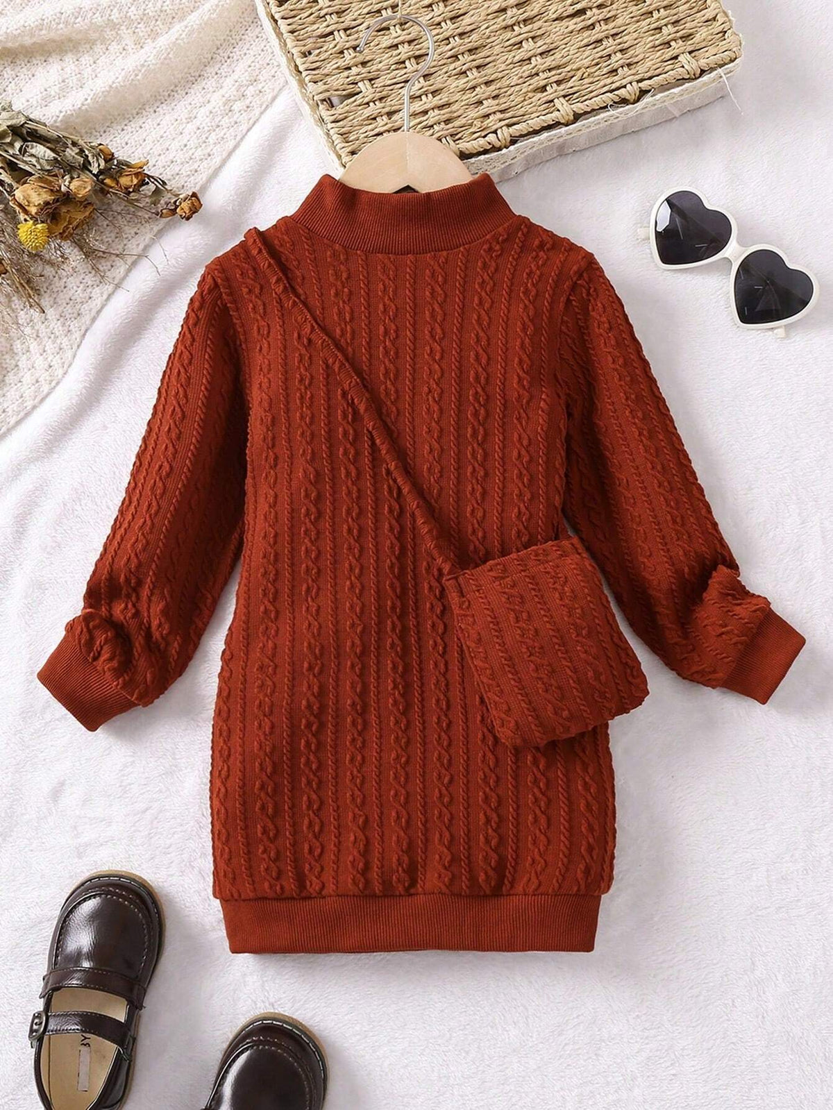 Young Girls' Knitted Jacquard Textured 3D Embossed Floral Dress, Comfortable & Warm, Versatile For Spring, Winter And Fall